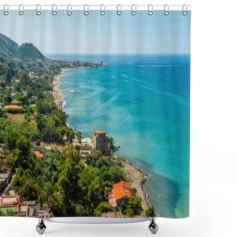 Personality  Panoramic Summer View Of Acciaroli Coastline, Cilento Region,, Campania, Italy. Shower Curtains