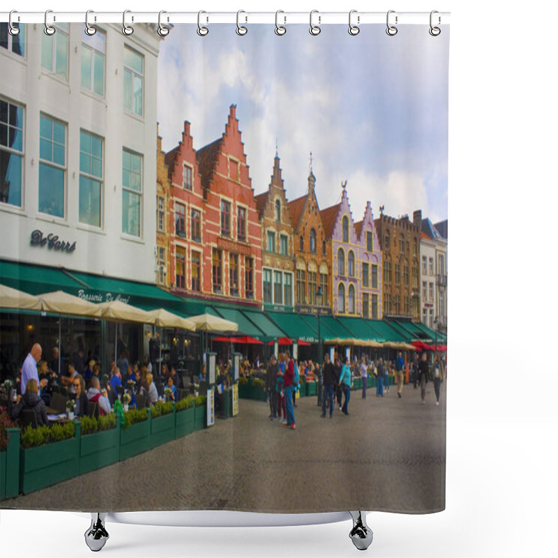 Personality  BELGIUM, BRUGGE - May 3, 2019: Cafes And Restaurants On Markt Of Bruges (Market Square) In Brugge Shower Curtains