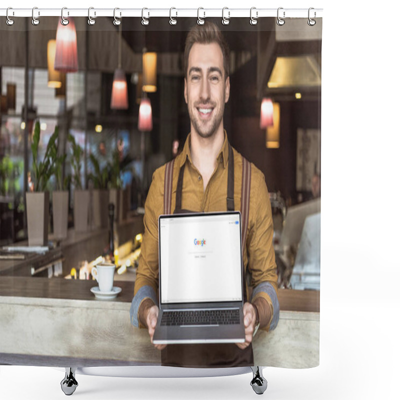 Personality  Handsome Young Waiter Holding Laptop With Google Website On Screen In Cafe Shower Curtains