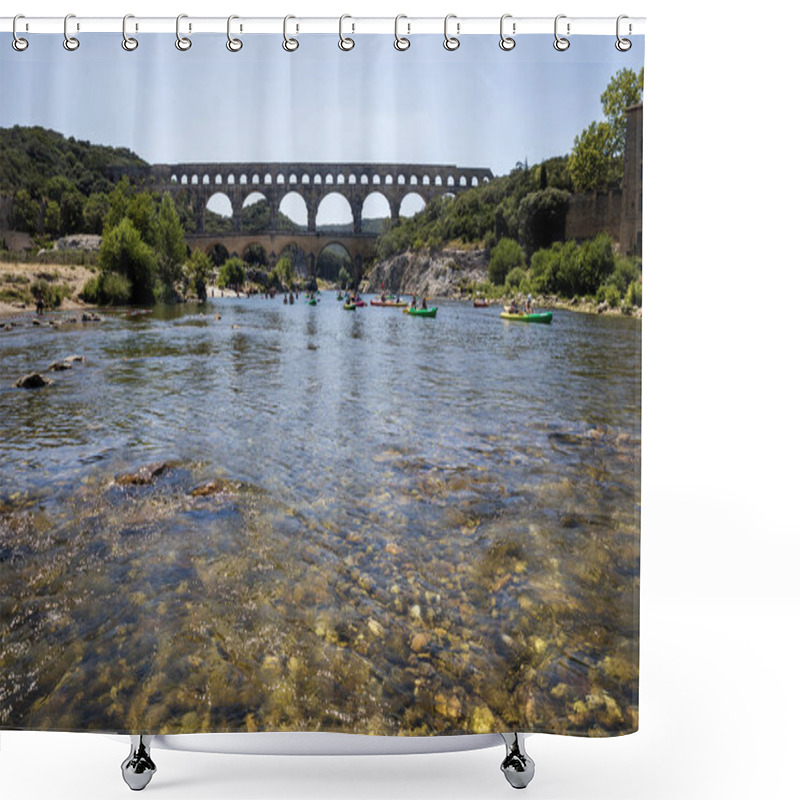 Personality  PROVENCE, FRANCE - JUNE 18, 2018: Pont Du Gard (bridge Across Gard) And People Swimming On Boats In Provence, France Shower Curtains