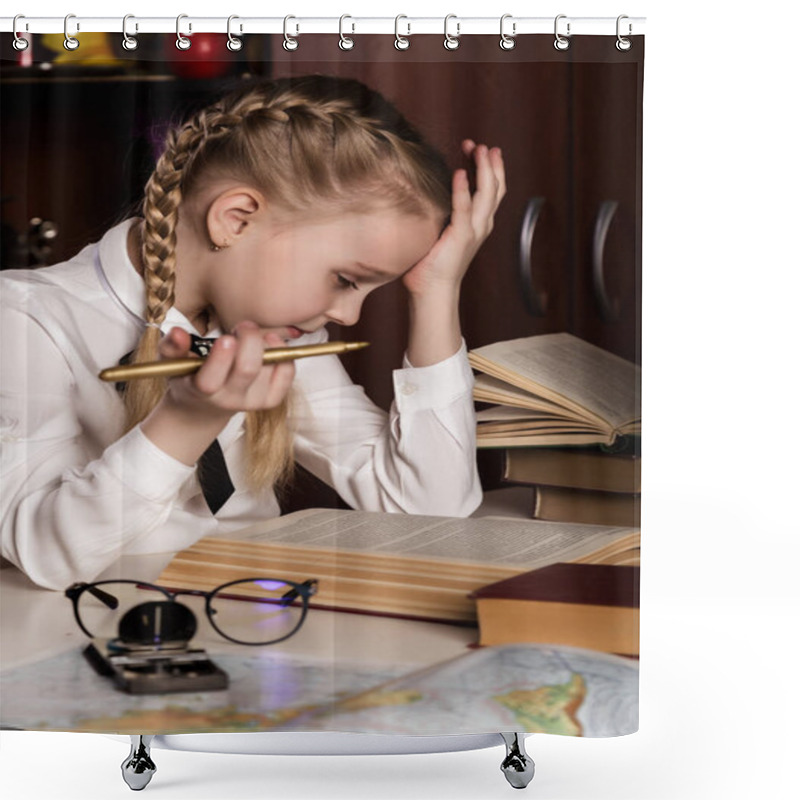 Personality  Schoolgirl Doing Homework, Little Blonde Girl Studing At Home At The Table. Childrens Education Shower Curtains