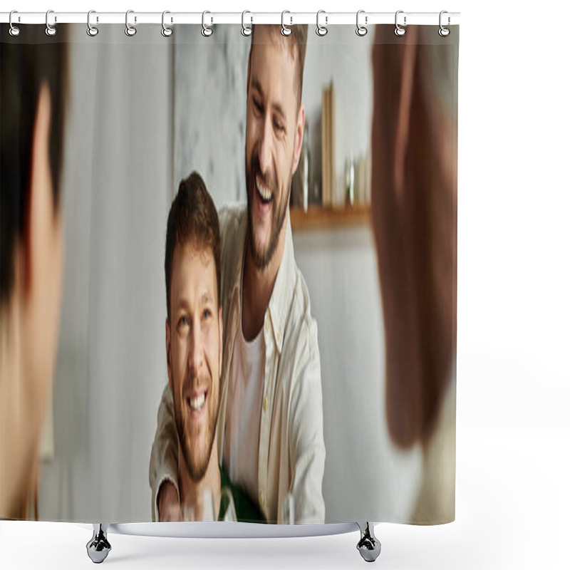 Personality  A Gay Couple Smiles And Laughs While Meeting Parents At Home. Shower Curtains