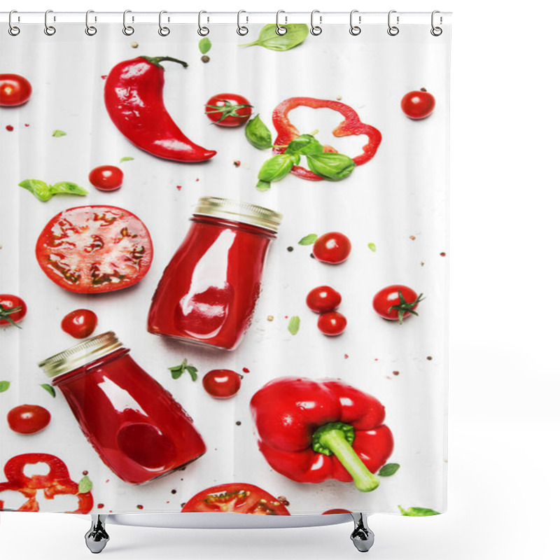 Personality  Want Some Juice? Extremely Bright, Red, Fresh Summer Spicy Tomato Juice With Pepper, Salt And Spices, On White Background, Glass Bottles, Top View Shower Curtains