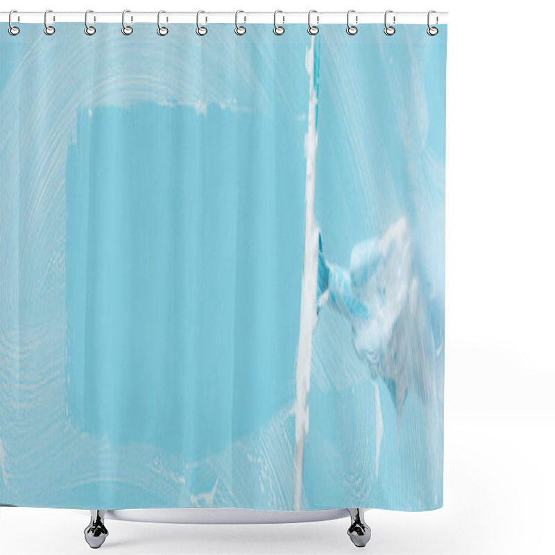 Personality  Panoramic Shot Of Woman In Rubber Glove Cleaning Glass With Squeegee On Blue Background Shower Curtains