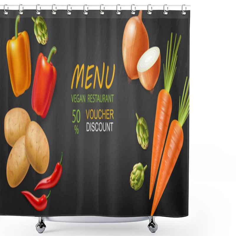 Personality  Vegetables Vector Realistic. Eggplant, Tomatoes And Onions Banner. Vegetarian Dinner Menu. Healthy Food Templates Shower Curtains