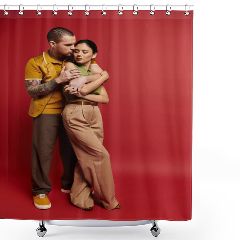 Personality  A Lovely Couple Shares A Tender Moment In A Studio, Showcasing Their Style And Connection. Shower Curtains