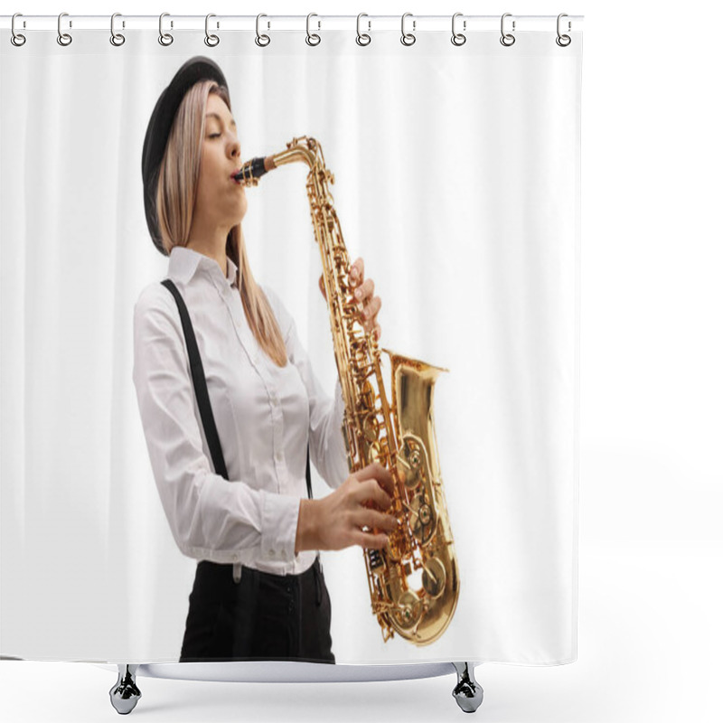 Personality  Young Female Musician Playing A Saxophone Isolated On White Background Shower Curtains