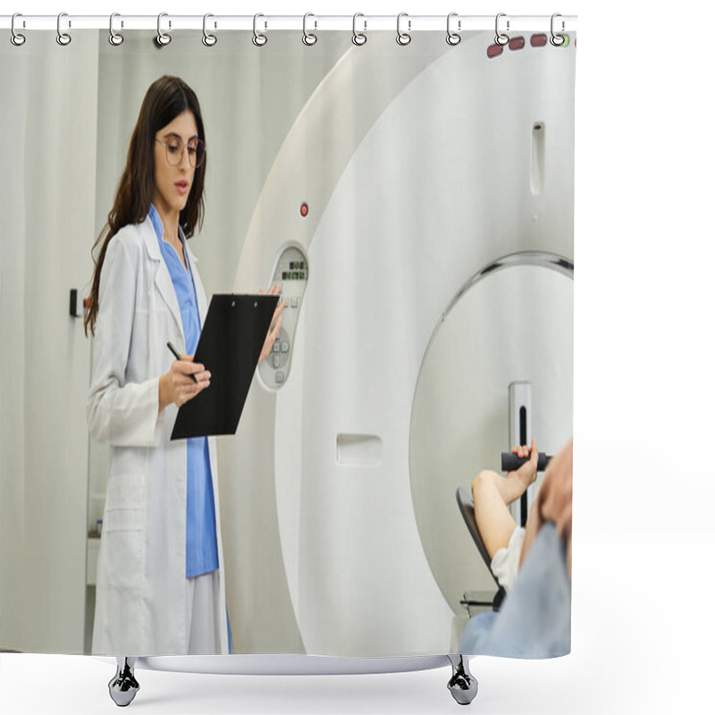 Personality  A Female Doctor In A Lab Coat Stands By An MRI Machine, Preparing For Patient Diagnostics. Shower Curtains