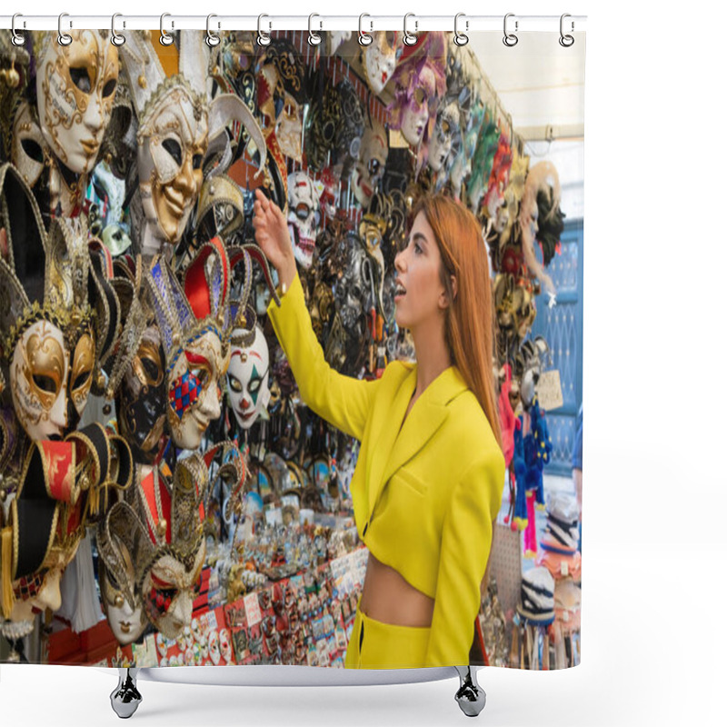 Personality  Excited Woman In Yellow Suit Choosing Traditional Carnival Mask In Venice Shower Curtains