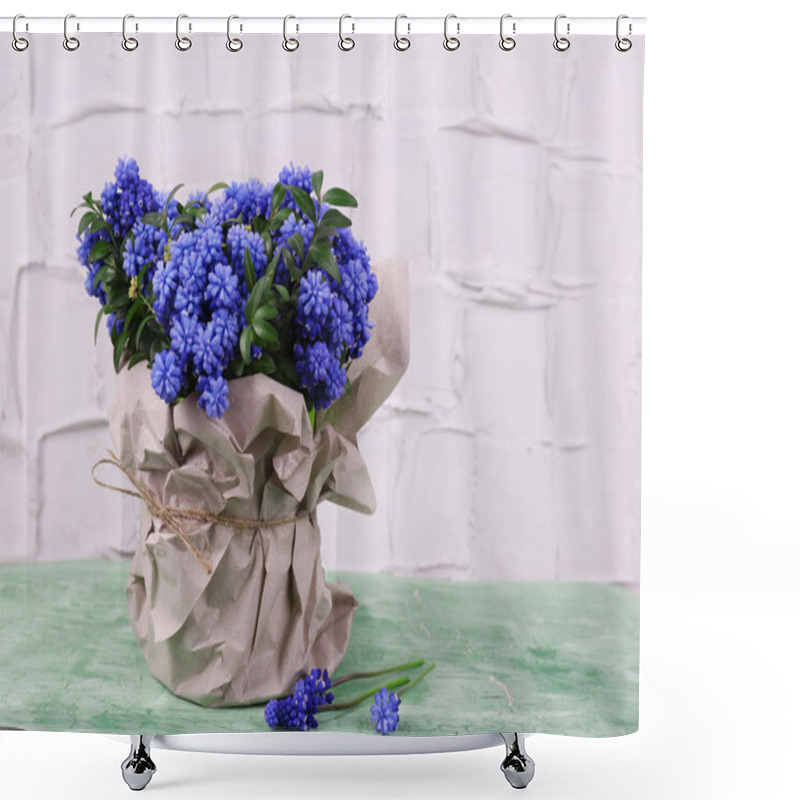 Personality  Beautiful Bouquet Of Muscari - Hyacinth In Vase On Wall Background Shower Curtains