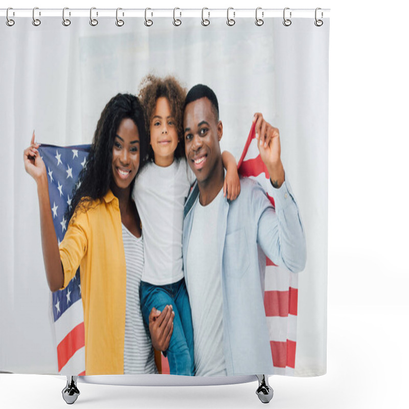 Personality  African American Family Holding Flag Of America While Looking At Camera  Shower Curtains