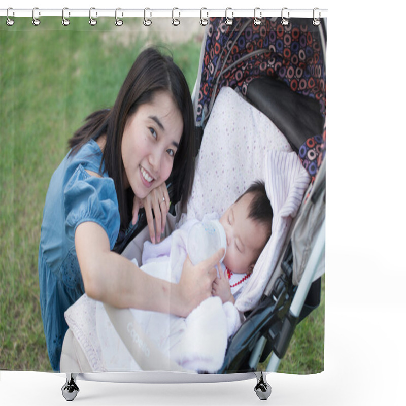 Personality  Happy Asian Mother Feeding To Baby On The Stroller Shower Curtains