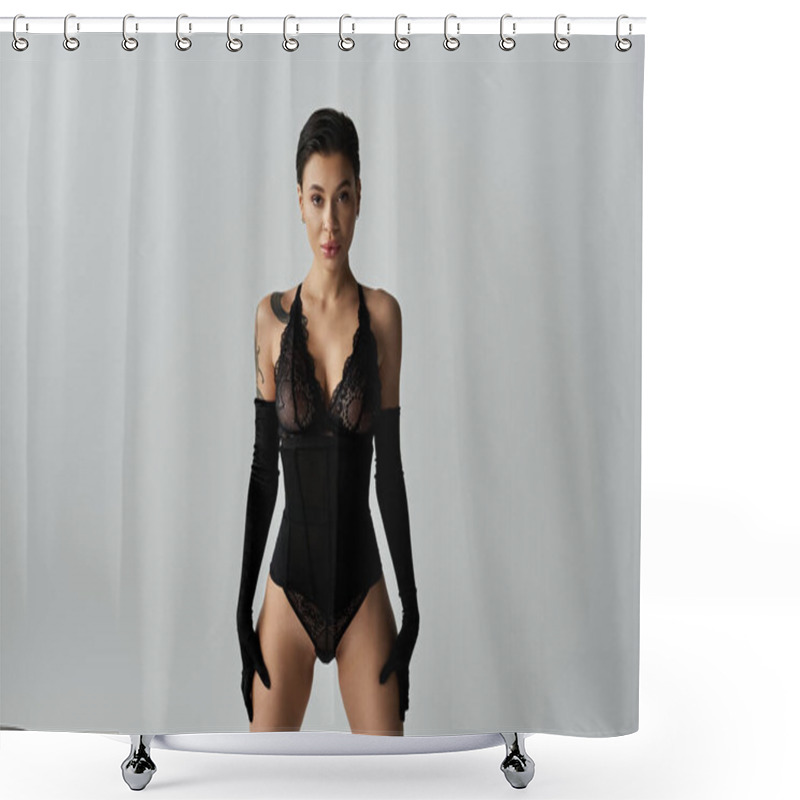 Personality  A Woman Wearing Black Lingerie And Gloves Poses For A Portrait. Shower Curtains