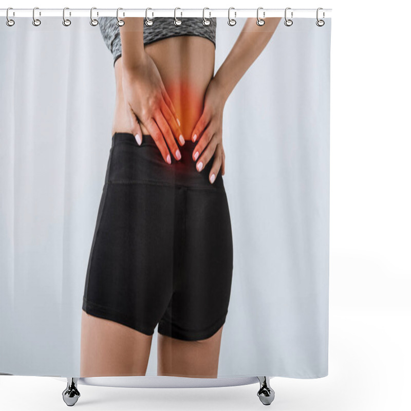 Personality  Partial View Of Sportswoman With Lower Back Pain Isolated On Grey Shower Curtains