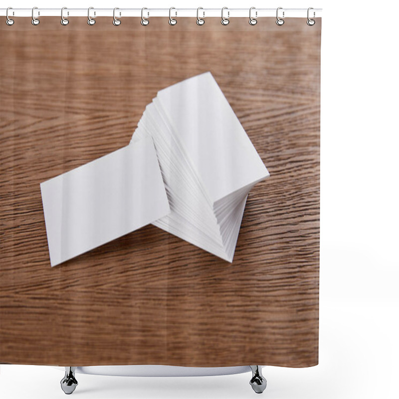 Personality  Selective Focus Of Stack Of Empty Business Cards At Wooden Table  Shower Curtains