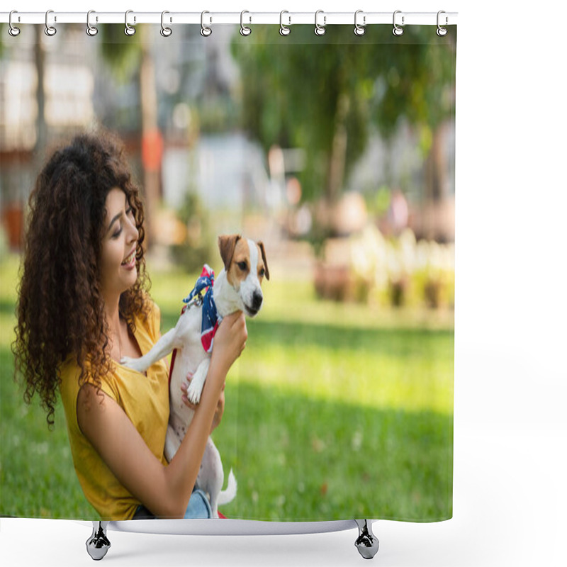 Personality  Selective Focus Of Young Woman On Grass With Dog In American Flag Bandana Shower Curtains