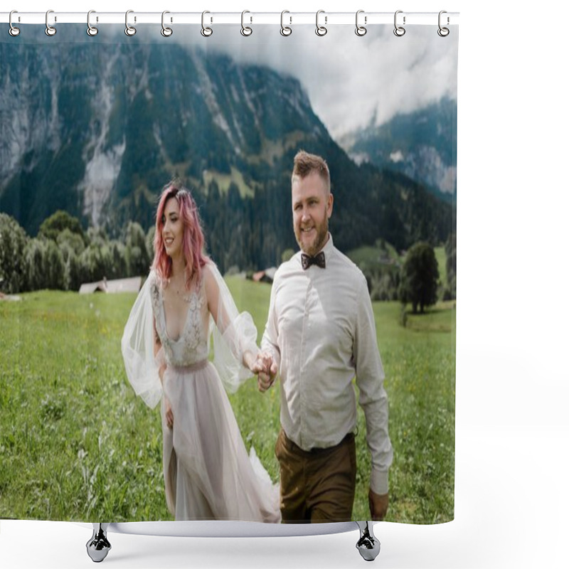 Personality  Happy Bride In Wedding Dress And Groom Holding Hands And Walking On Green Mountain Meadow In Alps Shower Curtains