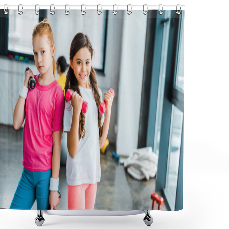 Personality  Cute Kids Posing With Dumbbells In Gym Shower Curtains