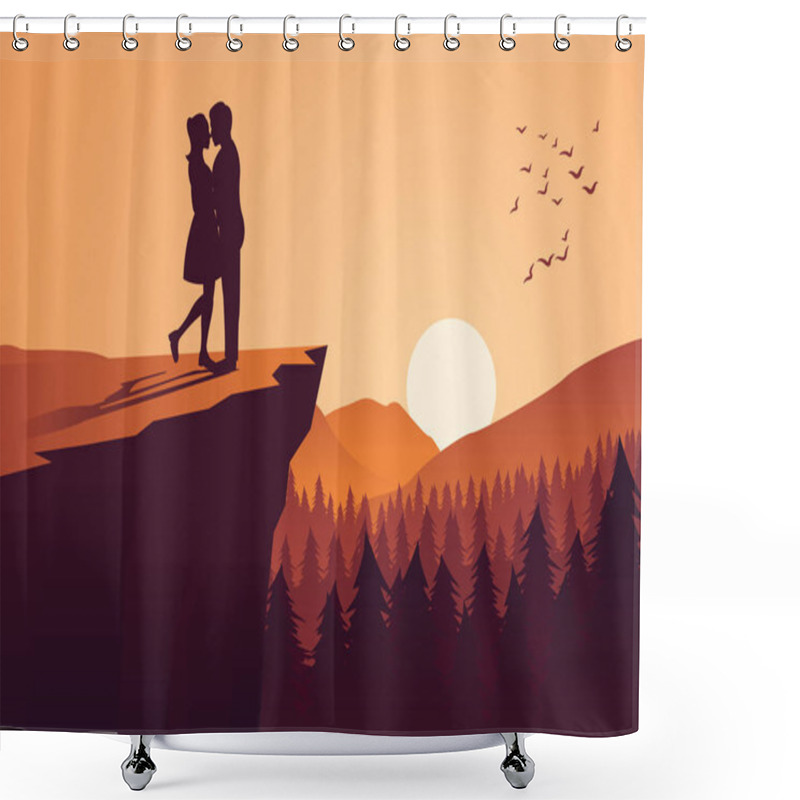 Personality  Couple Hug Together Near Cliff And Close To A Pine Forest,silhouette Style,vector Illustration Shower Curtains