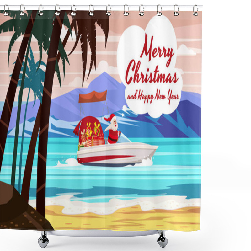 Personality  Merry Christmas Santa Claus On Speed Boat On Ocean Sea Tropical Island Palms Mountains Seaside. Vector Illustration Isolated Cartoon Style Shower Curtains