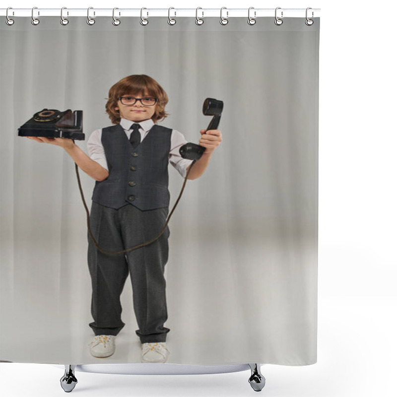 Personality  Elegant Boy In Glasses And Stylish Vest Holding Retro Telephone On Grey Background, Nostalgia Shower Curtains