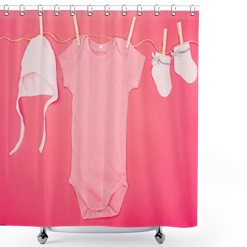 Personality  Top View Of Baby Clothes Drying On Rope Isolated On Red Shower Curtains