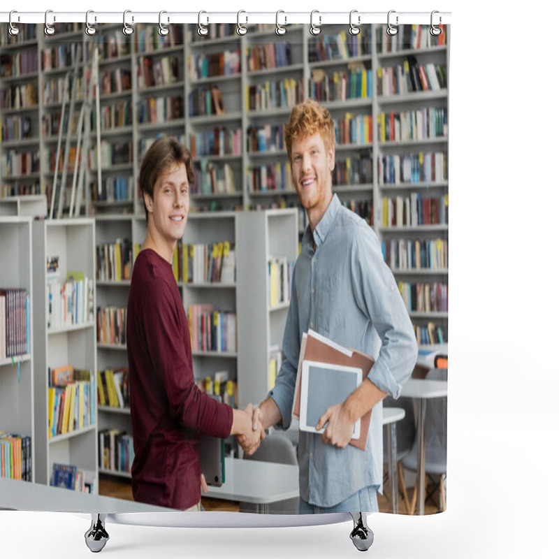 Personality  Two Young Men Shake Hands In A Quiet Library, Surrounded By Books And Studying Materials. Shower Curtains