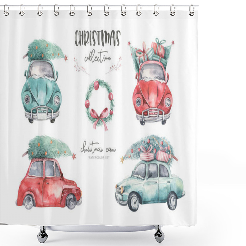 Personality  Watercolor Christmas Holiday Card Transportation Illustration. Merry Xmas Winter Tree Design. New Year Retro Vintage Cars Shower Curtains