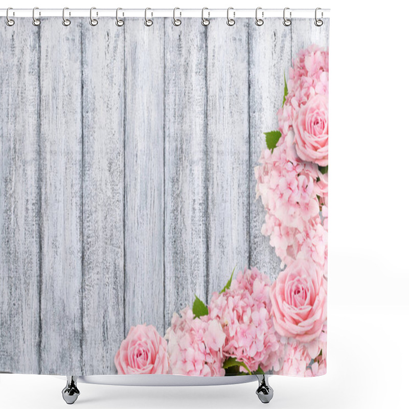 Personality  Roses And Hortense On Background Of Shabby Wooden Planks Shower Curtains