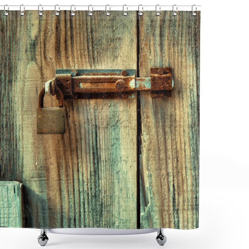 Personality  Old Wooden Door Locked With Rusty Door Latch And Padlock. Shower Curtains