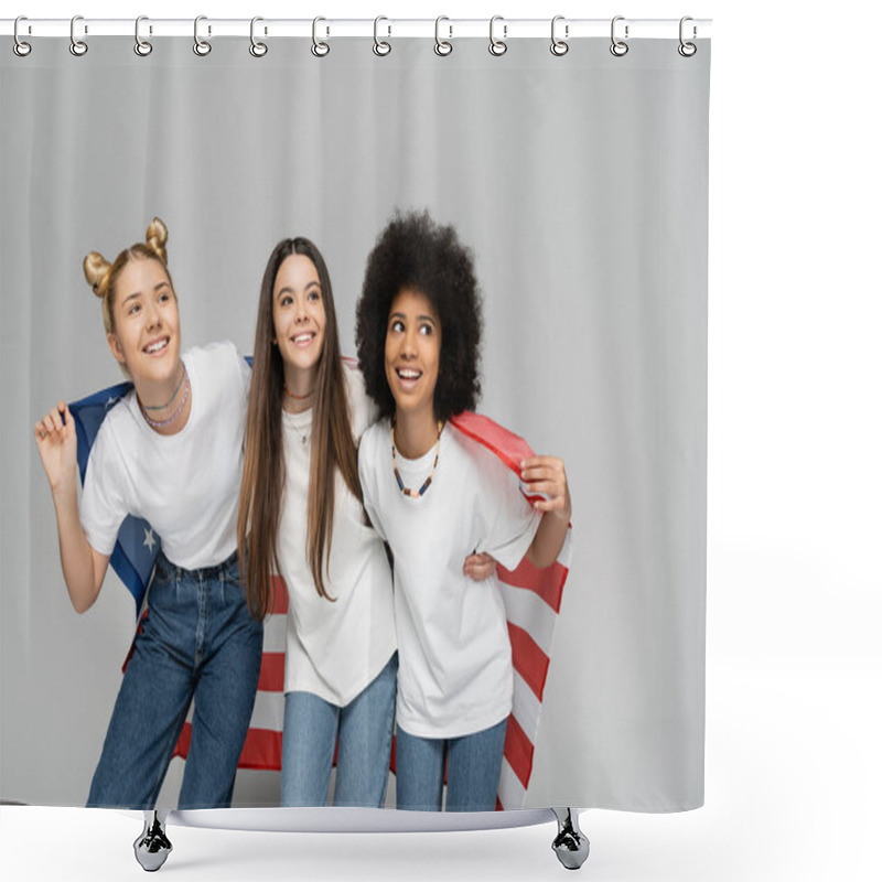 Personality  Teenage And Multiethnic Girlfriends In White T-shirts And Jeans Smiling Away While Holding American Flag And Standing On Grey Background, Energetic Teenage Friends Spending Time, Friendship Shower Curtains