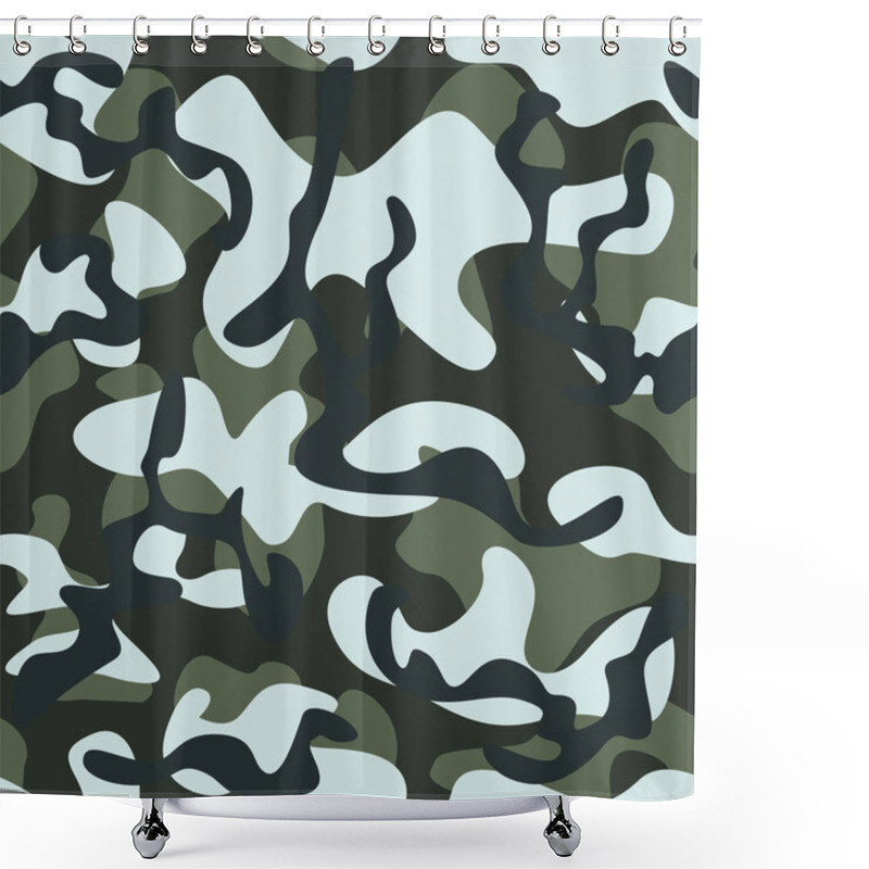 Personality  Vector Illustration Of A Camouflage Background In Dark Light Tones. Seamless Pattern. Flat Design For Fabric Of A Military Uniform. Shower Curtains