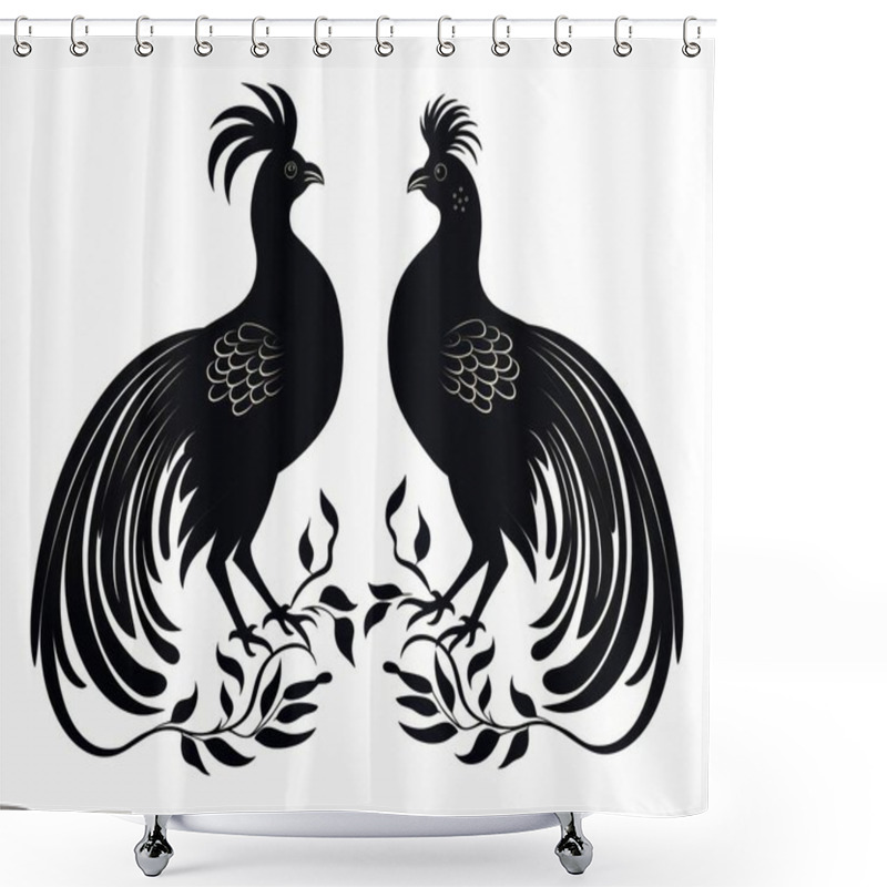 Personality  Two Elegant Black Roosters With Intricate Feather Details Stand Poised On A Branch. Shower Curtains