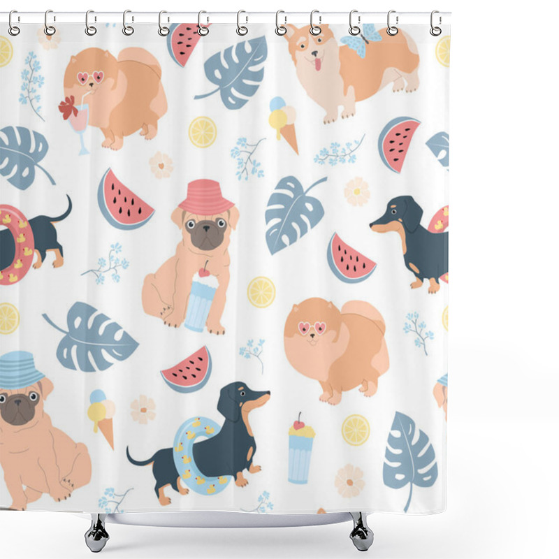 Personality  Summer Seamless Vector Pattern Of Dogs, Monstera Leaves, Watermelons, Lemons, Flowers. For Fabrics, Wrapping Paper, Wallpapers. Dachshund, Pomeranian, Pug And Corgi Shower Curtains