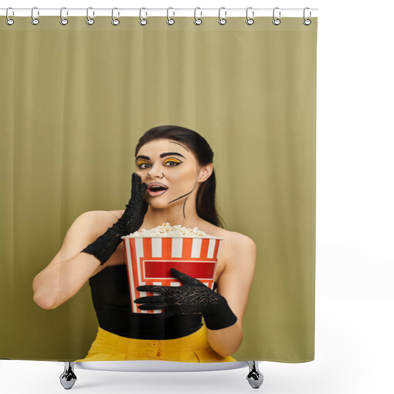 Personality  Brunette Woman In Pop Art Makeup And Black Gloves Holds A Box Of Popcorn. Shower Curtains