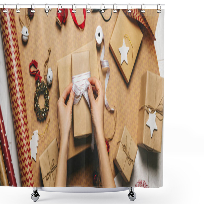 Personality  Close View Of Woman Wrapping Gift Box With Packing Tape, Rope And Decorations Props On Wrapping Paper Shower Curtains