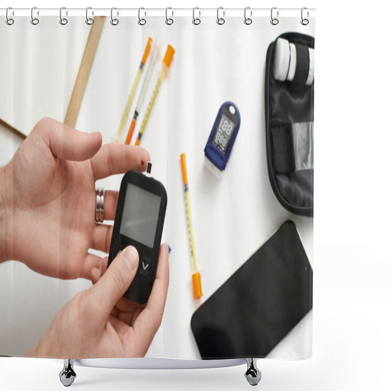 Personality  Young Man Checks Blood Sugar Levels At Home While Showcasing A Healthy Routine. Shower Curtains