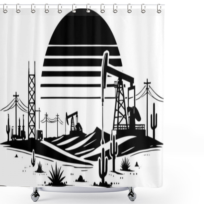 Personality  Desert Oil Field Industrial Landscape With Silhouette Sunset Design Shower Curtains