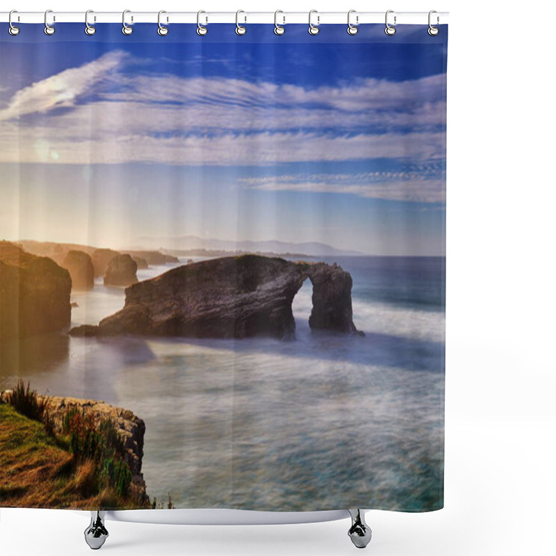 Personality  Beautiful Sunset And Stone Arches On Playa De Las Catedrales During Inflow, Galicia, Spain Shower Curtains