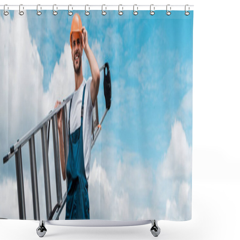 Personality  Panoramic Shot Of Cheerful Repairman Holding Ladder And Smiling Against Blue Sky With Clouds  Shower Curtains