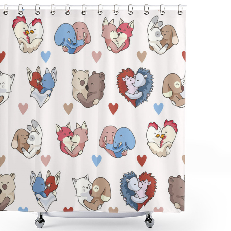 Personality  Vector Cute Animal Hug Hearts. Seamless Repeat Pattern. Hand Drawn 2 Animal Couples Hugging For Romantic Valentines Day, Wedding Or Love Is All You Need Background. Free Hug Concept. Shower Curtains