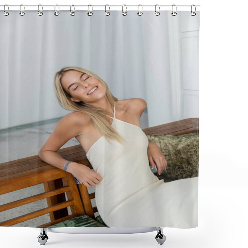 Personality  A Serene Young Woman In A White Dress Sits Gracefully On A Wooden Bench In Miami, Exuding Elegance And Tranquility. Shower Curtains