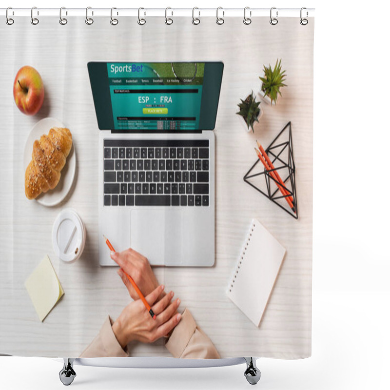 Personality  Cropped Shot Of Female Hands, Laptop With Sports Bet Website And Lunch On Table In Office     Shower Curtains