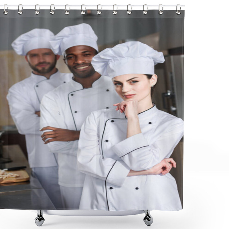 Personality  Multiracial Team Of Cooks Wearing White Uniform In Restaurant Kitchen Shower Curtains