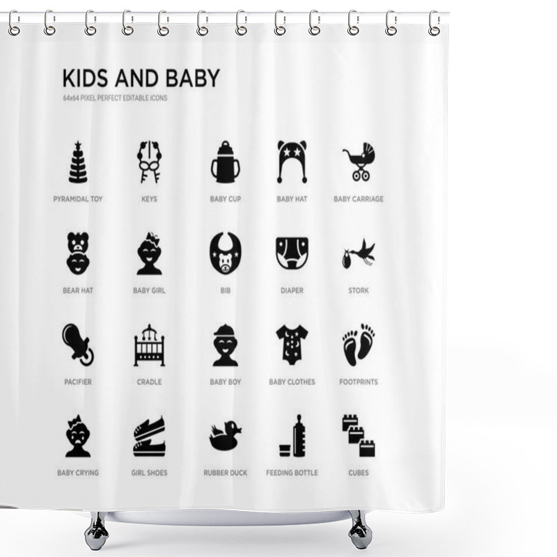 Personality  Set Of 20 Black Filled Vector Icons Such As Cubes, Footprints, Stork, Baby Carriage, Feeding Bottle, Rubber Duck, Bear Hat, Baby Hat, Baby Cup, Keys. Kids And Black Icons Collection. Editable Pixel Shower Curtains