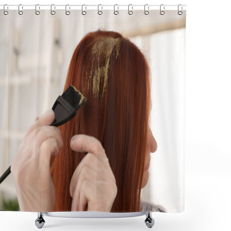 Personality  Young Woman Dyeing Her Hair With Henna Indoors, Closeup Shower Curtains