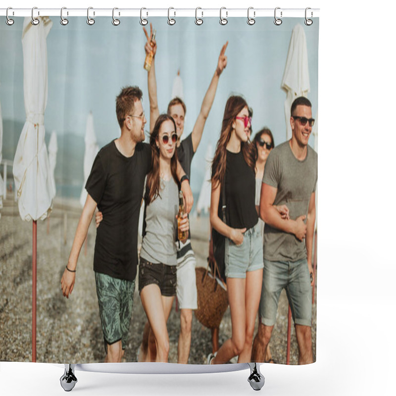 Personality  Holidays, Vacation. Group Of Friends Having Fun On Beach, Walking, Drink Beer, Smiling And Hugging Shower Curtains