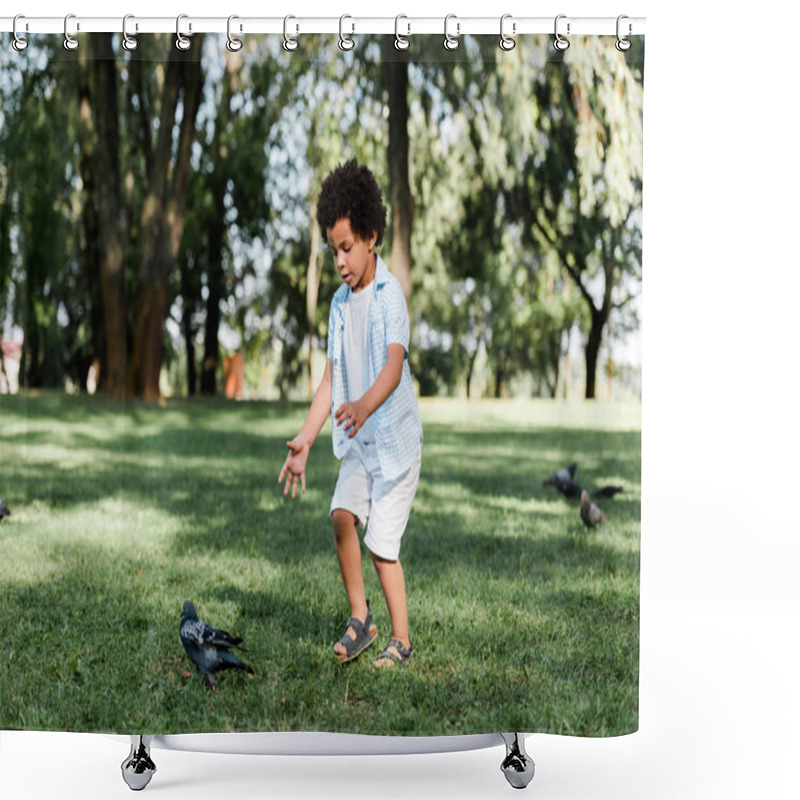 Personality  Cute African American Kid Gesturing While Looking At Pigeons  Shower Curtains