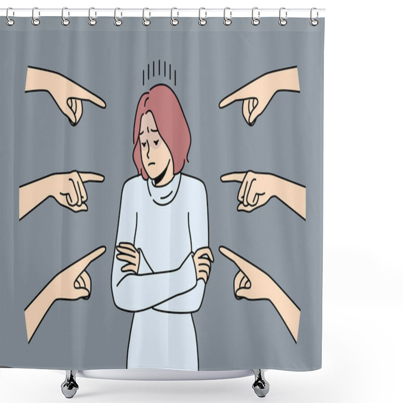 Personality  Distressed Young Woman Stand Surrounded By Numerous Fingers Pointing. Unhappy Female Feel Bullying And Harassment In Society. Vector Illustration.  Shower Curtains