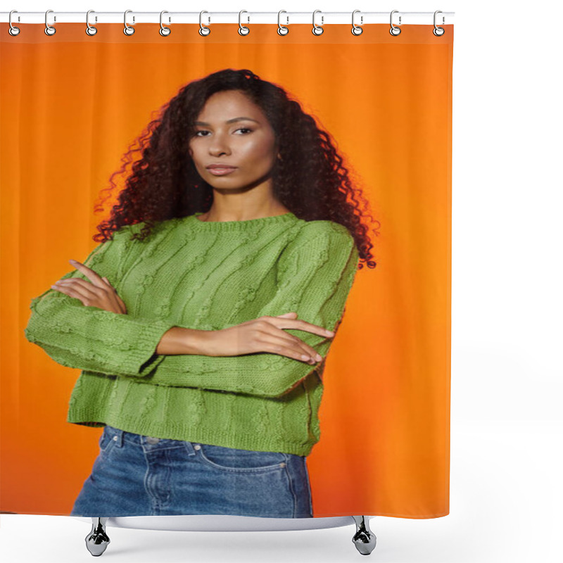 Personality  Confident Woman With Curly Hair Poses In A Green Sweater, Flaunting Her Unique Style. Shower Curtains